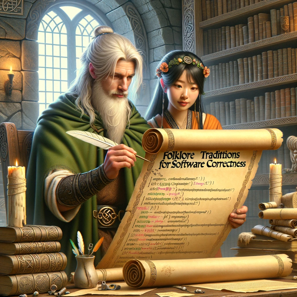 Generate an image of white male and Asian female leprechaun engineers examining software to check that it follows well-known folklore traditions that are claimed to ensure correct behavior.